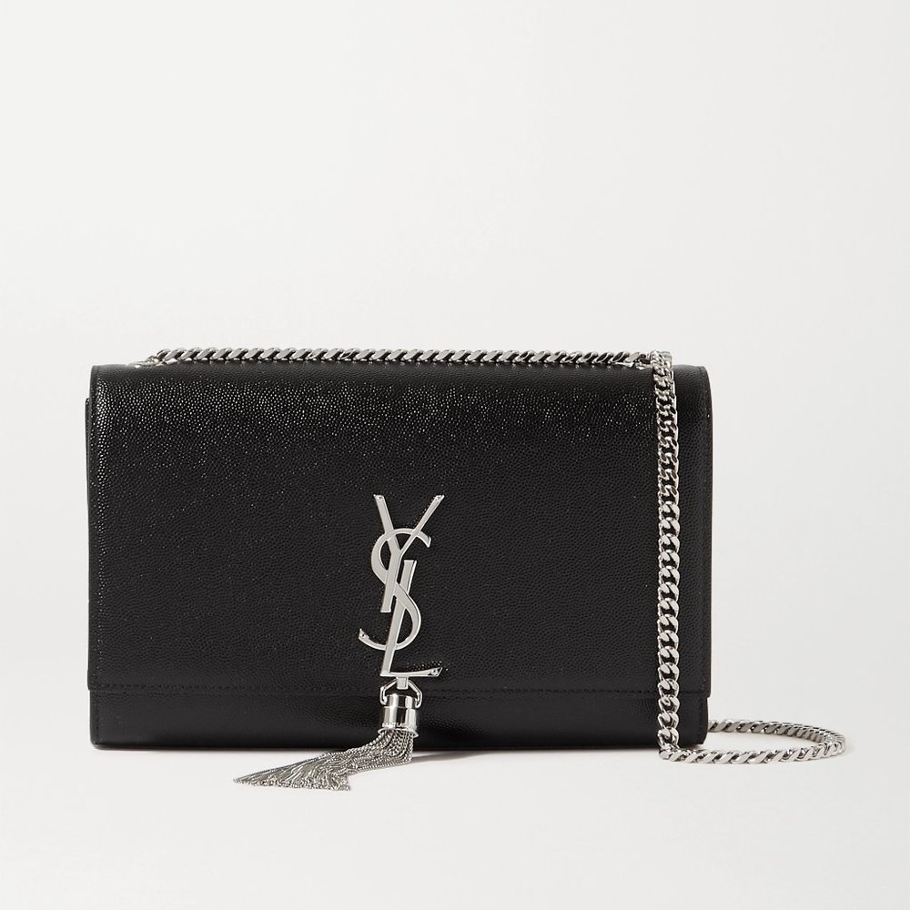 Saint Laurent Small Kate Monogram YSL Logo Pebbled Leather Shoulder Bag (Black)